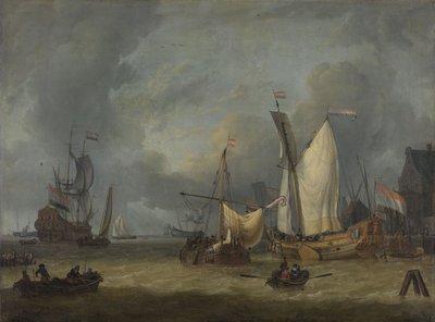 Schiffe im Hafen bei starkem Wind von Jan Claesz Rietschoof